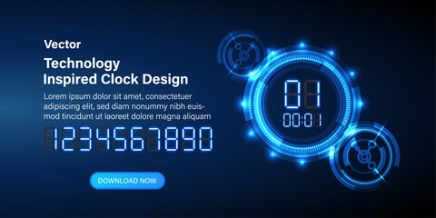 Title: Technology-inspired digital clock design. Futuristic technology background with a clock concept and a time machine. Rotatable clock hands, with dynamic visual effect. Vector.