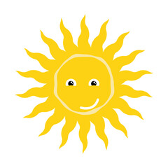 Stylized yellow summer sun funny character with joyful face. Sun icon with different shapes of rays. Simple Vector isolated on white background