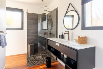 Home bathroom, bright new bathroom interior with tiled glass shower, vanity cabinet, black and white designed interior