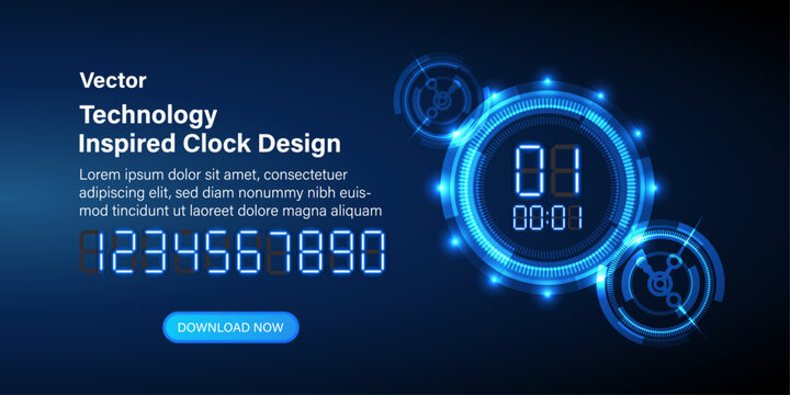 Title: Technology-inspired digital clock design. Futuristic technology background with a clock concept and a time machine. Rotatable clock hands, with dynamic visual effect. Vector.