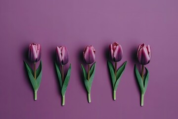 row of pink tulips on a purple background. Generative AI Generative AI