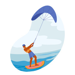 Kite Surfer Male Character Riding The Waves, Skillfully Maneuvering On Water With A Kite Attached To Harness Generative AI