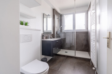 Home bathroom, bright new bathroom interior with tiled glass shower, vanity cabinet, interior designed white and with black tiles