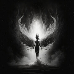 Dramatic Depiction of an Angel With Their Wings Spread Generative AI