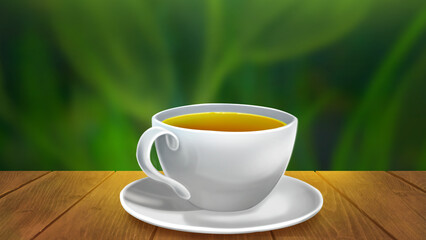 Teacups, wooden tables, product placement for advertising Refers to natural organic tea products.