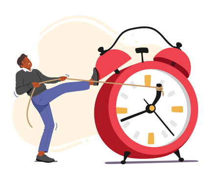 Man Struggles To Reverse Direction Of Oversized Alarm Clock Arrows, Panicking As Time Runs Out, Cartoon Illustration Generative AI