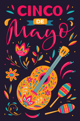 Cinco de Mayo, May 5, federal holiday in Mexico. Fiesta vector banner design with Mexican traditional symbols: guitar, maracas, chili pepper, stylized flowers. Ornate folk graphic. For banner, poster
