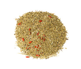 Green Tea Leaves Mix Isolated, Dry Fresh Herbal Tea Pile, Healthy Drink Ingredient, Green Tea Leaves on White