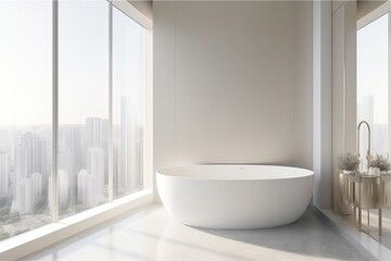 Fototapeta na wymiar modern bathroom with a white bathtub positioned next to a large window. Generative AI Generative AI
