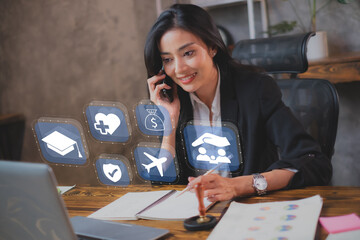 A beautiful Female insurance agent is presenting online insurance to customer. Concept of life insurance, health care, protection. Dreaming of good life and healthy. Medical and heart care sell insure