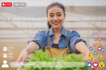 Female farmer is showing a fresh lettuce while live streaming to audience. Smart farming using of...