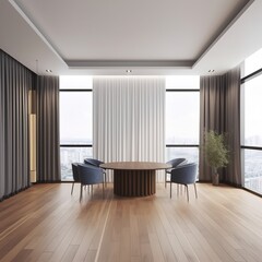 Fototapeta na wymiar Interior of a modern, spacious conference room with a white mock-up banner on the wall, furniture, partition curtains, a window with a city view, and a wide wooden parquet floor. generative ai
