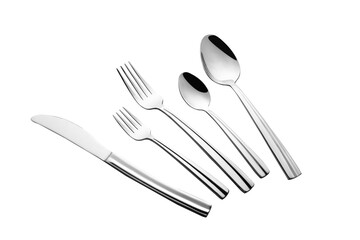 Stainless steel tableware and kitchen utensils placed on the desktop