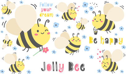 Children's set of vector illustrations. Cute cheerful bees. Lovers carrying honey, flying wasps. Blue flowers, vector lettering  Generative AI