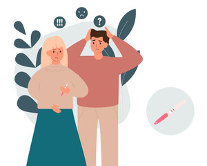 Unhappy sad and scared woman and man with a positive pregnancy test. Vector