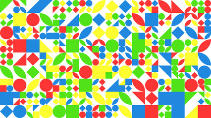 Colourfu geometric mosaic seamless pattern illustration with creative abstract shapes. Modern style background print. Trendy bright symbols and minimalist shape texture, geometry collage. Vector