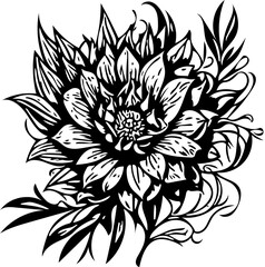Vector illustration of a flower with leaves in black and white 
