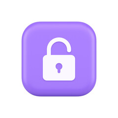 Open lock button cyberspace password security protection service 3d realistic icon