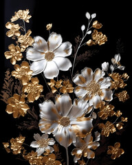 Abstract paintings with flowers on a black background. Golden, silver color of flowers.