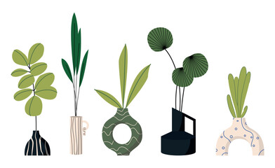 Potted plants set. Interior houseplants in planters, baskets, flowerpots. Home indoor green decor. Different succulents, foliage. Flat graphic vector illustrations isolated on white background