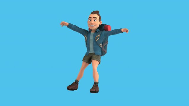 Fun 3D cartoon backpacker dancing (with alpha channel)