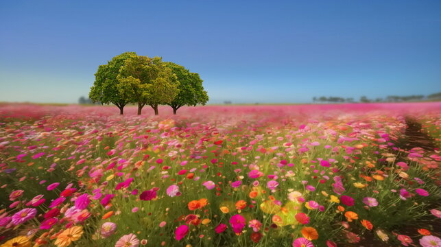  wild field with pink flowers at sunny day nature landscape,generated ai