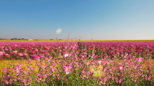  wild field with pink flowers at sunny day nature landscape,generated ai