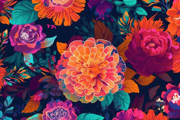 Fototapeta na wymiar Seamless Floral Pattern with Flowers. Floral Damask Flowers on bright color background. Abstract Neon Color Floral Wallpaper. Floral with Multicolor Flowers Background illustration, generative AI