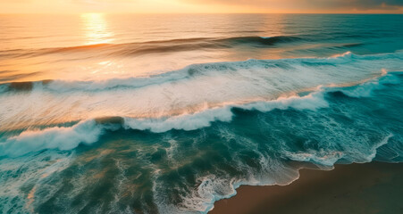 Fototapeta na wymiar Aerial view of a wild beach at sunset Generative AI