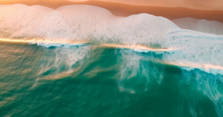 Fototapeta na wymiar Aerial view of a wild beach at sunset Generative AI