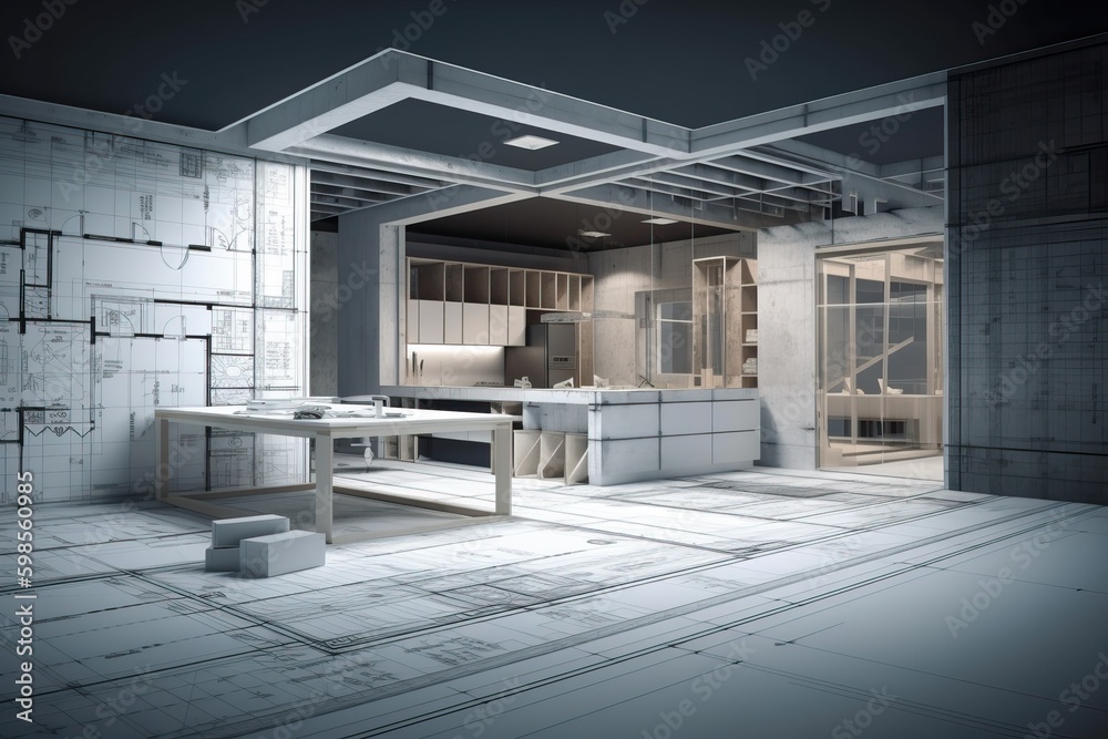 Poster Architecture 3D and blueprints representation, generative ai