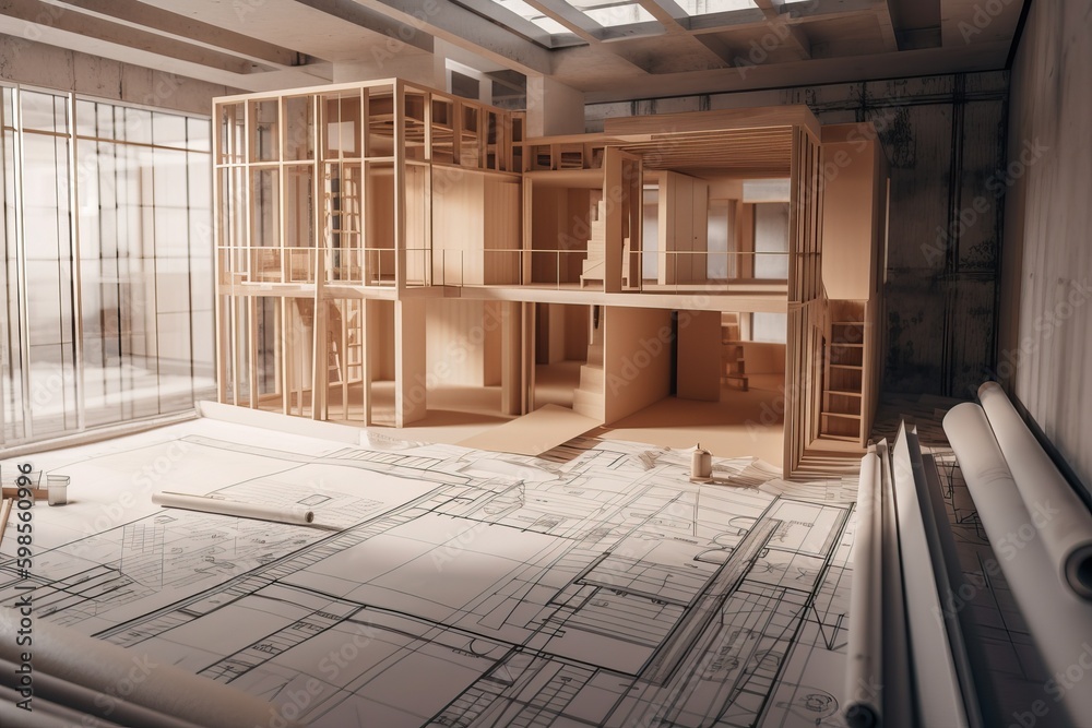 Poster Architecture 3D and blueprints representation, generative ai
