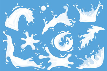 Milk splash set. A set of flat cartoon designs featuring milk splashes on a blue background. Vector illustration.