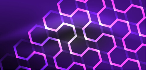 Hexagon abstract background. Techno glowing neon hexagon shapes vector illustration for wallpaper, banner, background, landing page, wall art, invitation, prints, posters - obrazy, fototapety, plakaty