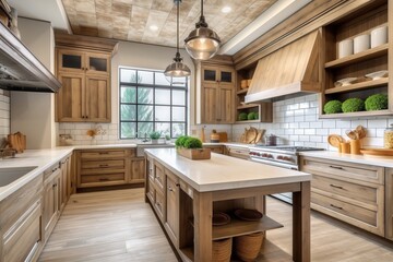 Obraz na płótnie Canvas Beautiful rustic kitchen with lots of wood, generative ai