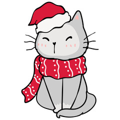 Cute Christmas funny playful kitten cat cartoon doodle hand drawing
