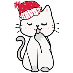 Cute Christmas funny playful kitten cat cartoon doodle hand drawing