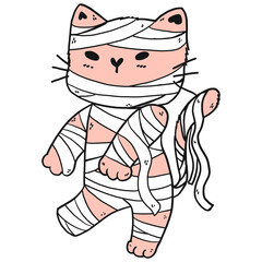 Cute Halloween funny playful mummy kitten cat cartoon doodle hand drawing