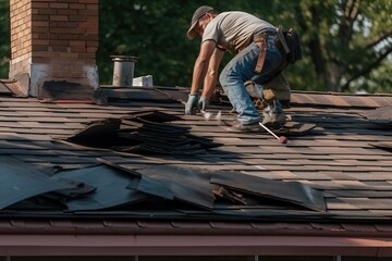 Workman repairing a house roof, generative ai