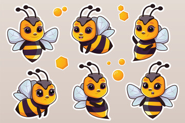 Bee sticker set. This illustration is a set of bee stickers designed in a flat, cartoon style. Vector illustration.