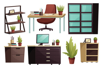 Office furniture set. This is a flat, cartoon-style design featuring a set of office furniture elements. Vector illustration.