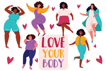 Love your body set. This is a flat, cartoon-style design set of stickers featuring positive messages to encourage body positivity and self-love. Vector illustration.
