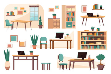 Office furniture background set. This illustration is a set of flat, cartoon-designed office furniture. Vector illustration.