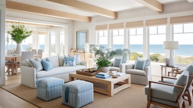  A coastal - inspired living room with a blue and white color scheme, natural wood accents, and ocean views. generative ai