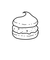 Coloring book with the image of a cake, sweetness. Contour art on a white background with fruit and cream. Festive pastries and desserts. Vector