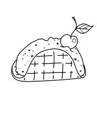 Coloring book with the image of a cake, sweetness. Contour art on a white background with fruit and cream. Festive pastries and desserts. Vector