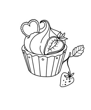 Coloring book with the image of a cake, sweetness. Contour art on a white background with fruit and cream. Festive pastries and desserts. Vector