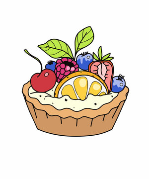 Color art with the image of a cake, sweetness on a white background with fruit and cream. Festive pastries and desserts. Vector