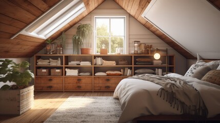 A cozy and inviting attic bedroom with plenty of storage, comfortable bedding, and plenty of natural light. generative ai