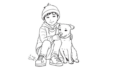Coloring Page Outline of the cartoon.  A kid playing with a dog sketch. Coloring line art page.